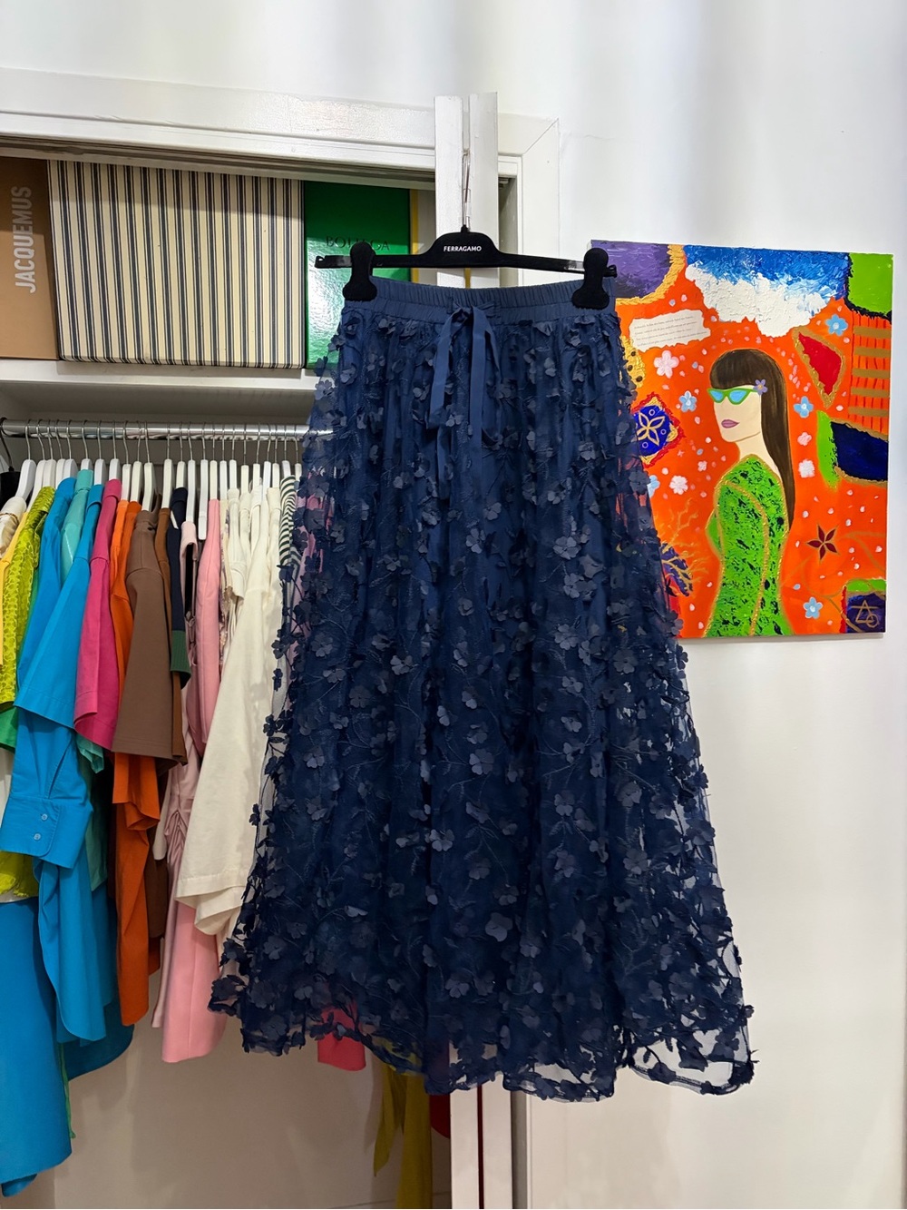 Women’s Navy Floral Appliqué A-Line Midi Skirt